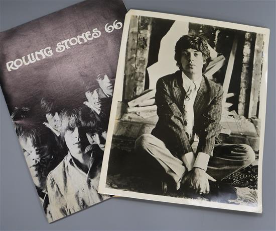 Mick Jagger, 1960s signed photograph with a 1966 Rolling Stones programme and a leaflet. 25 x 21cm